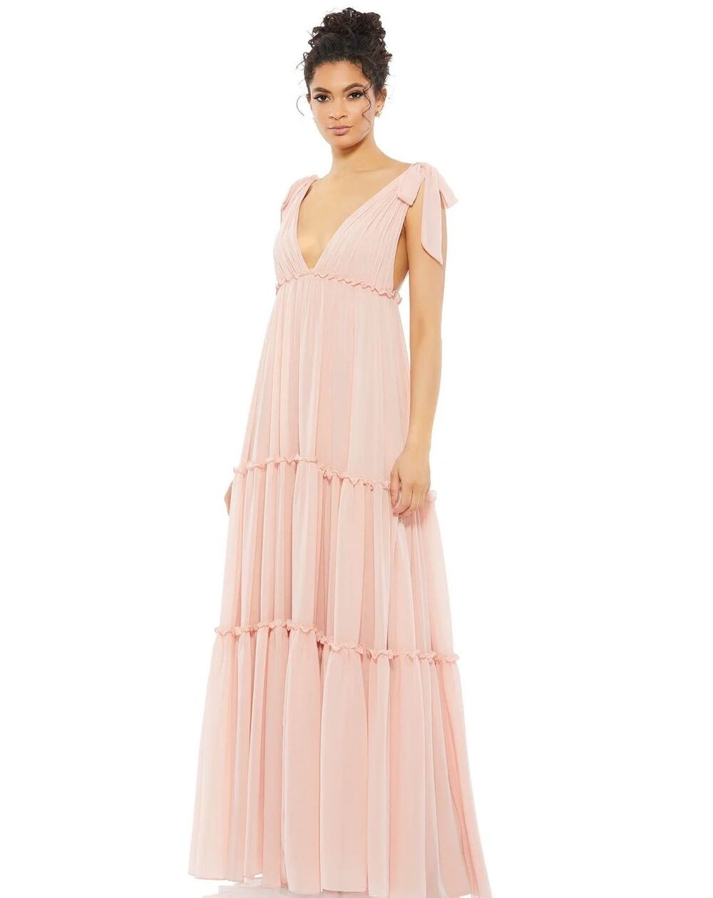 NWT IEENA Mac Duggal Tiered V-Neck Plunging Maxi Dress Blush Pink sz 2 Romantic